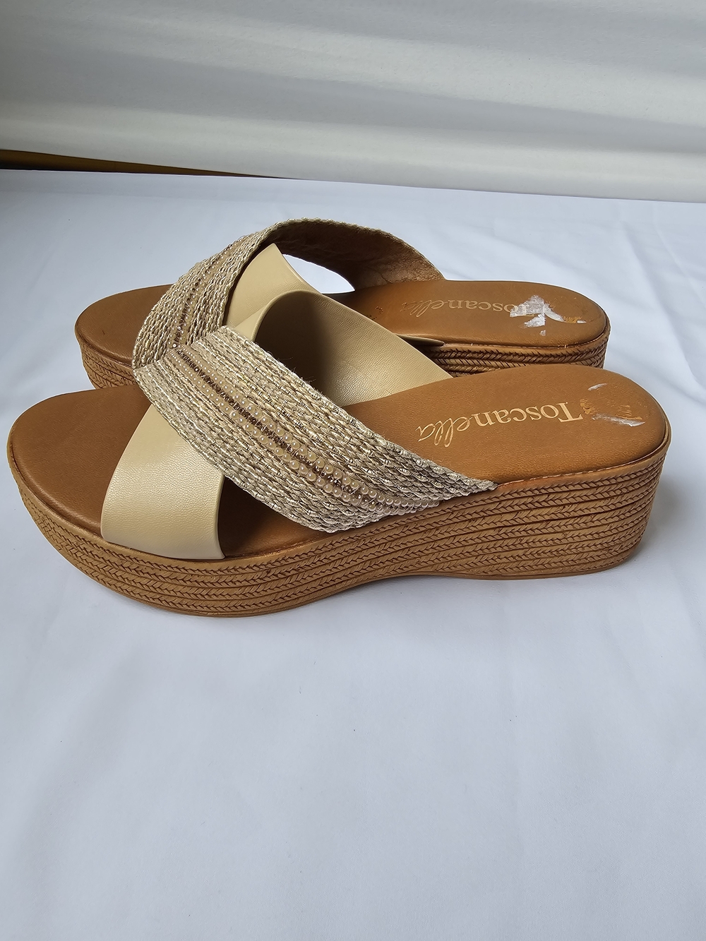 Toscanella Italy Neutral Metallic Wedge Platform Sandals - Size 7 - Picture 13 of 16